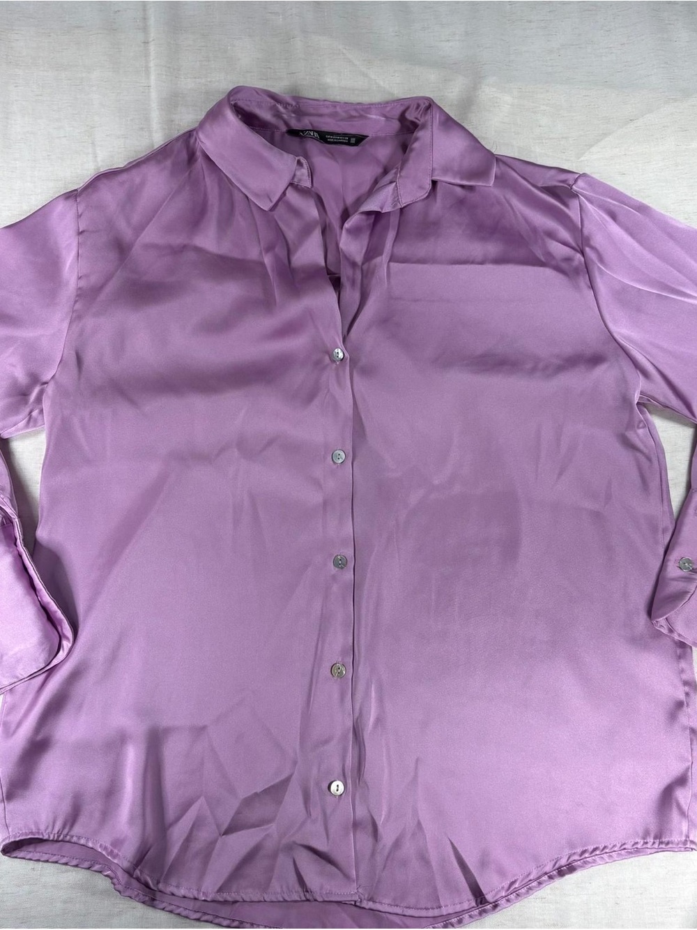 Zara Purple Solid Satin Polyester Button-Up Collared Long Sleeve Blouse M